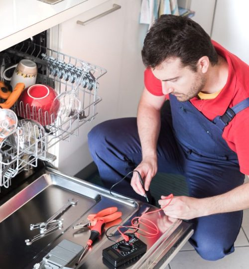 Professional worker repairing the dishwasher in the kitchen